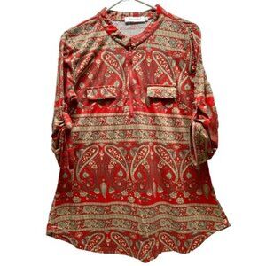 Ninedaily 3/4 Sleeve Blouse Women's Large Red Tan Paisley 1/2 Zip Casual Tunic